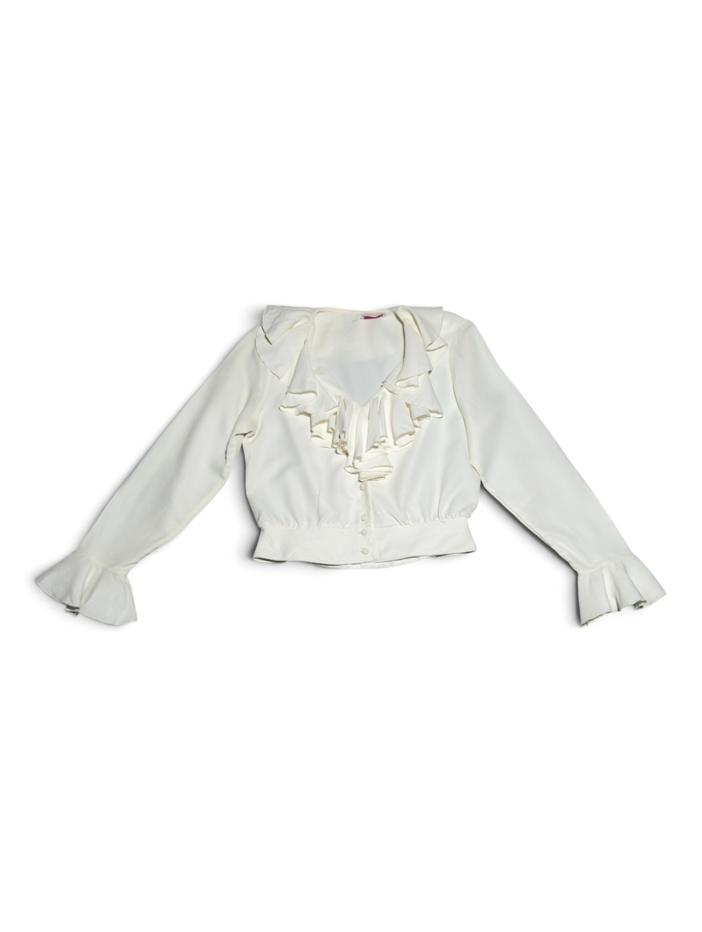 Vintage 70s Fashioned by Gregory White Ruffle Blouse with Bell Sleeves S/M